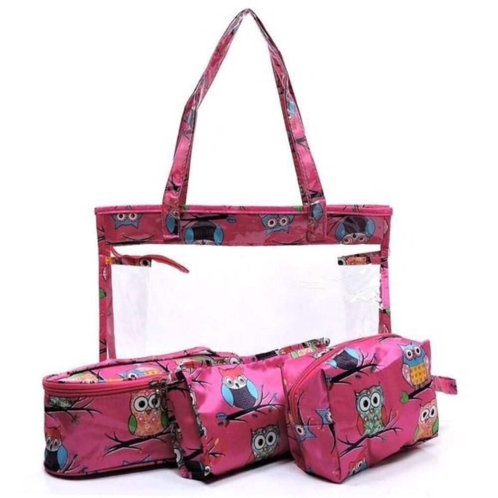 4 Pack Pink Owl Clear Make Up Travel Purse Bags Beach Tote Carry On Vacation NEW